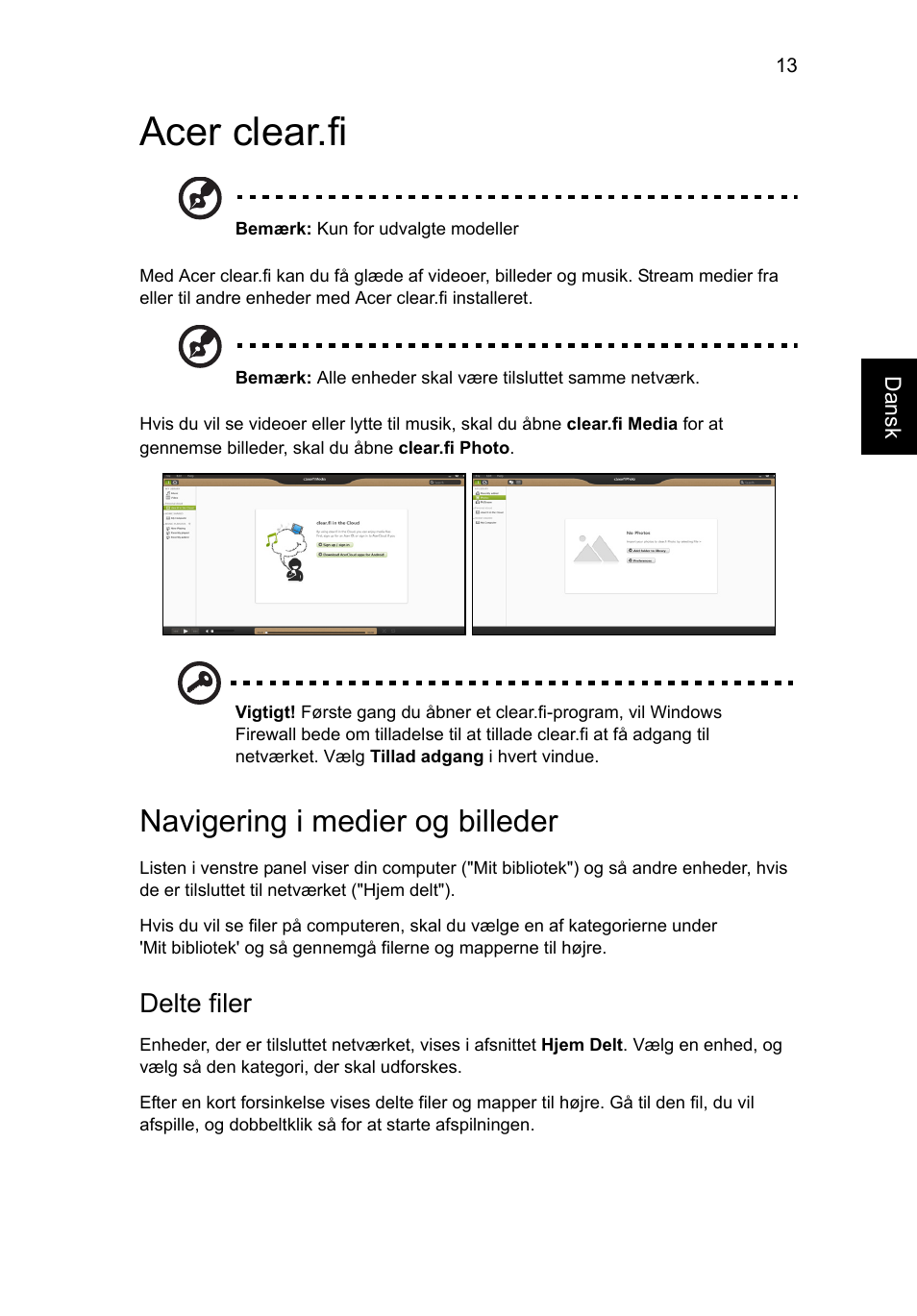 Acer clear.fi, Navigering i medier og billeder, Delte filer | Acer Aspire V5-131 User Manual | Page 635 / 2228