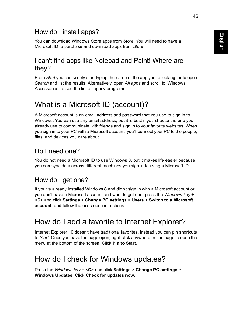 What is a microsoft id (account), How do i add a favorite to internet explorer, How do i check for windows updates | How do i install apps, Do i need one, How do i get one | Acer Aspire V5-131 User Manual | Page 65 / 2228