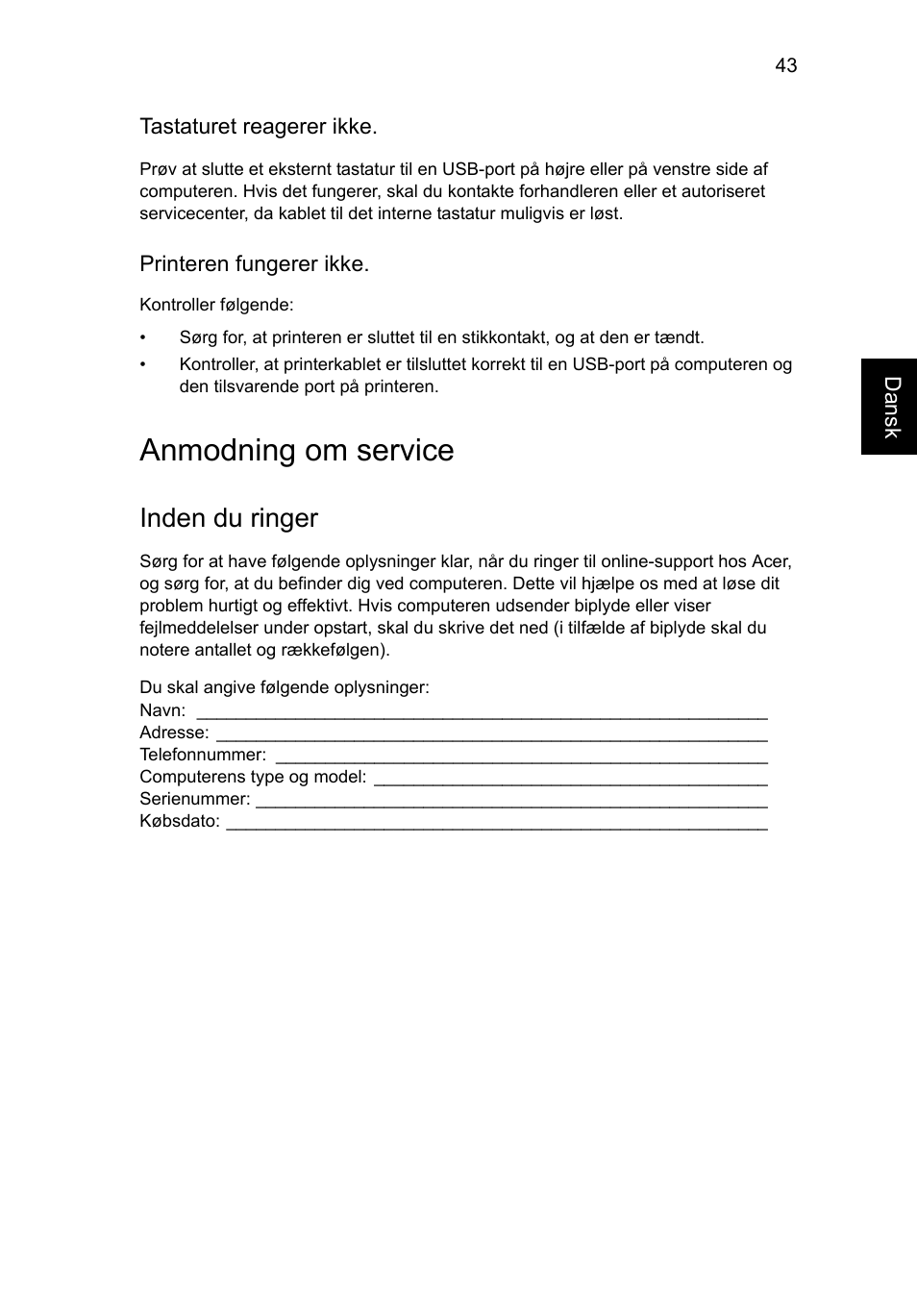 Anmodning om service, Inden du ringer | Acer Aspire V5-131 User Manual | Page 665 / 2228