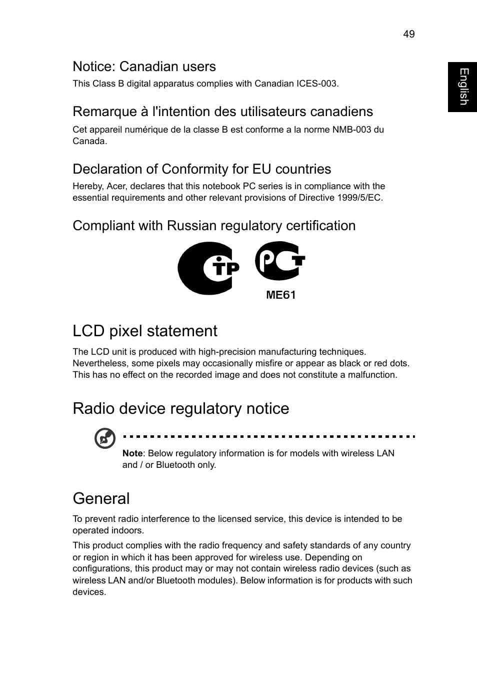 Lcd pixel statement, Radio device regulatory notice, General | Notice: canadian users, Remarque à l'intention des utilisateurs canadiens, Declaration of conformity for eu countries, Compliant with russian regulatory certification | Acer Aspire V5-131 User Manual | Page 68 / 2228