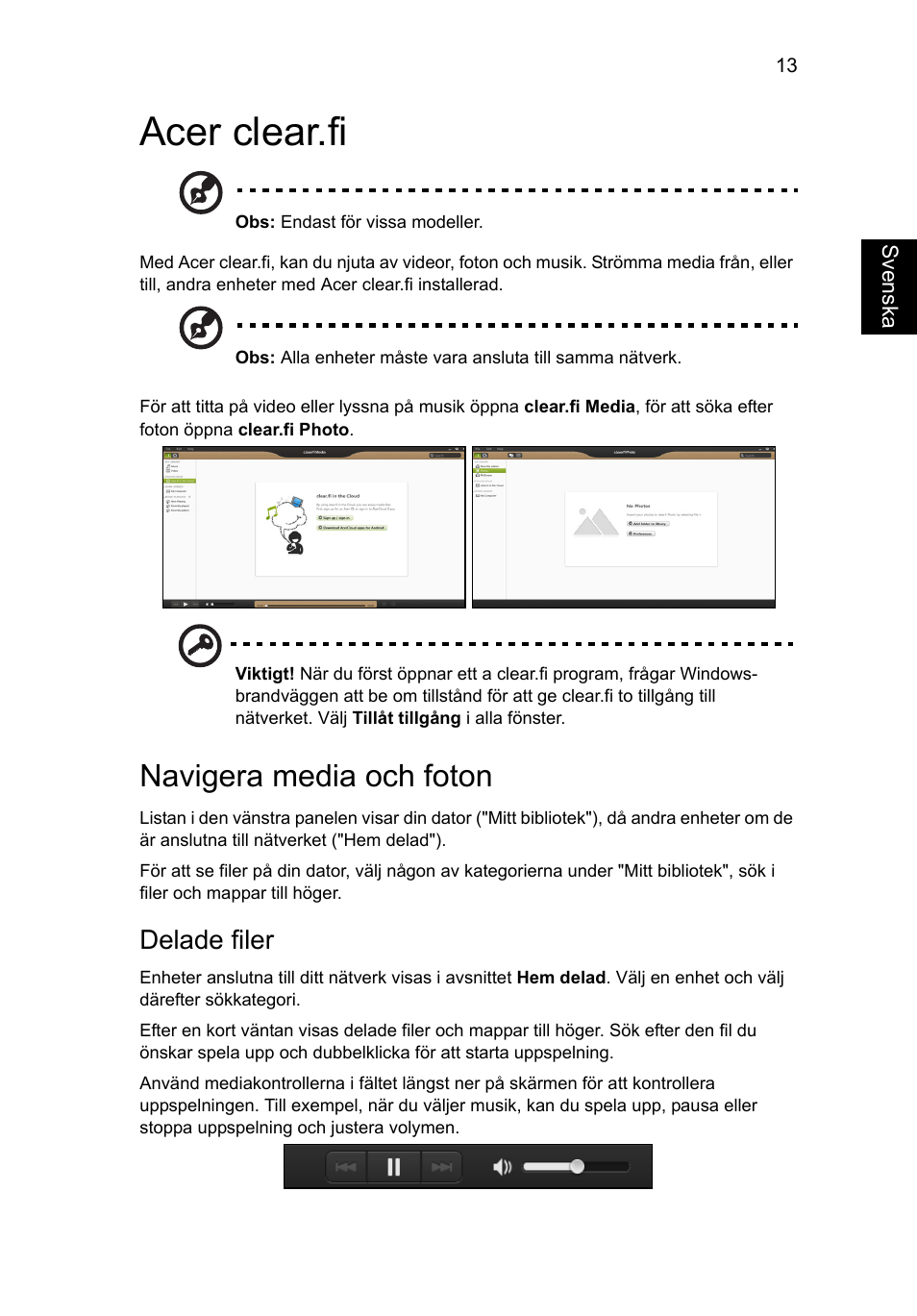 Acer clear.fi, Navigera media och foton, Delade filer | Acer Aspire V5-131 User Manual | Page 707 / 2228