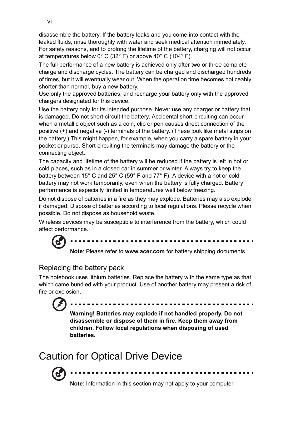 Caution for optical drive device | Acer Aspire V5-131 User Manual | Page 8 / 2228