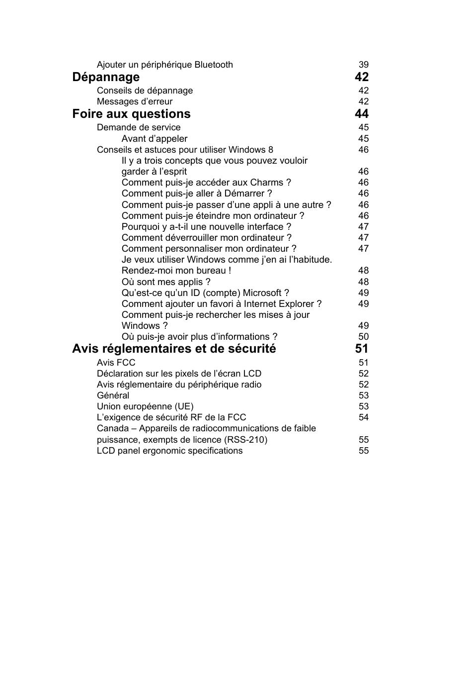 Dépannage 42, Foire aux questions 44, Avis réglementaires et de sécurité 51 | Acer Aspire V5-131 User Manual | Page 91 / 2228