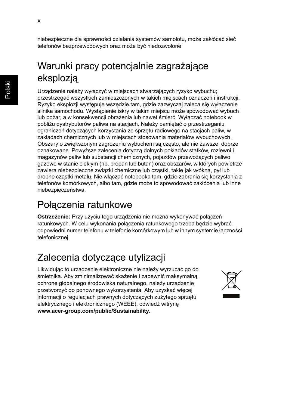 Warunki pracy potencjalnie zagrażające eksplozją, Połączenia ratunkowe, Zalecenia dotyczące utylizacji | Acer Aspire V5-131 User Manual | Page 912 / 2228