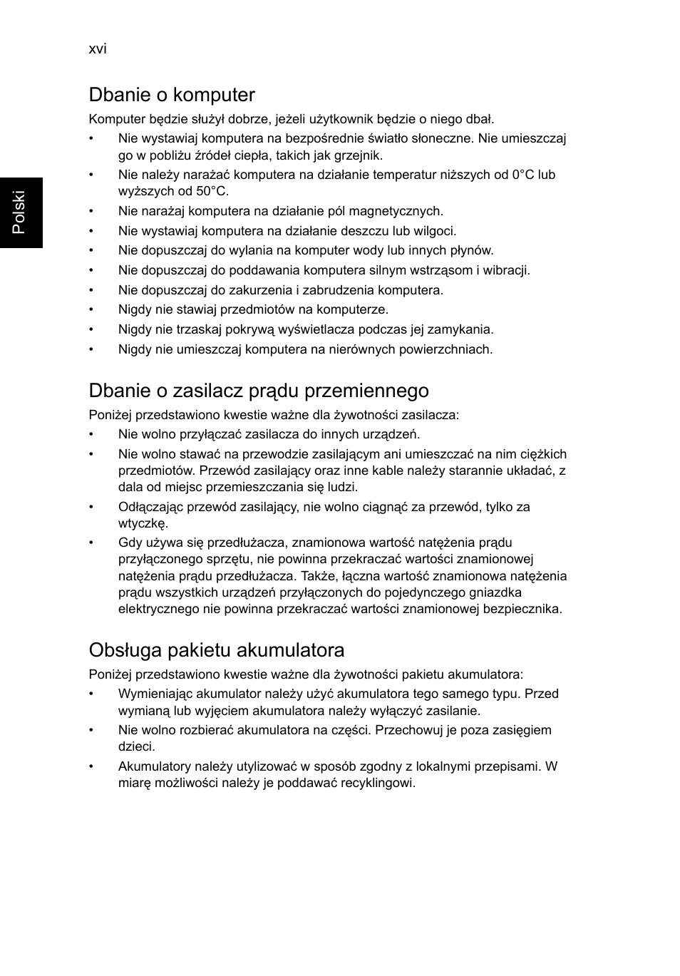 Dbanie o komputer, Dbanie o zasilacz prądu przemiennego, Obsługa pakietu akumulatora | Acer Aspire V5-131 User Manual | Page 918 / 2228