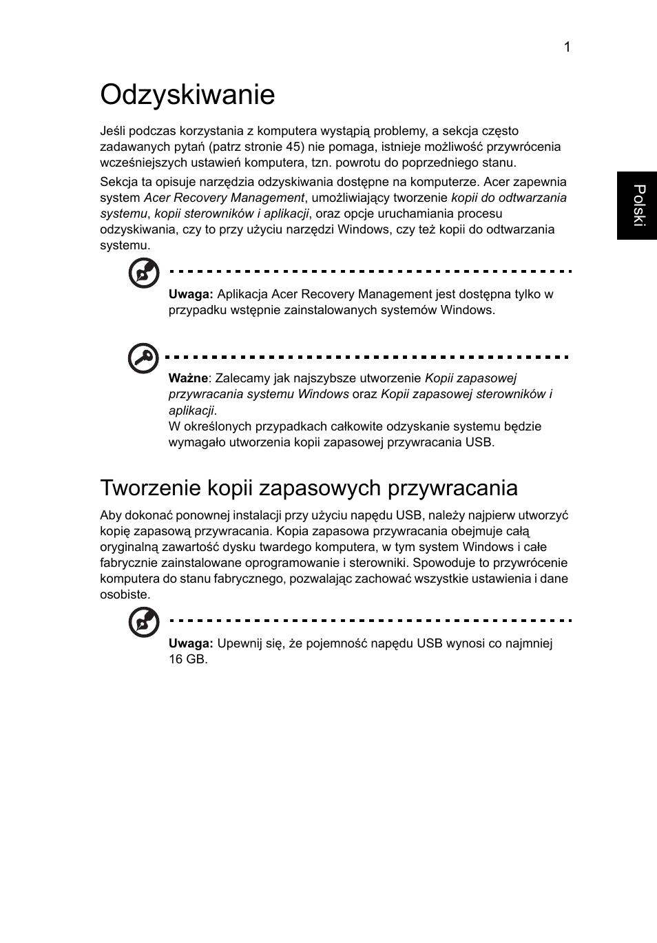 Odzyskiwanie, Tworzenie kopii zapasowych przywracania | Acer Aspire V5-131 User Manual | Page 925 / 2228