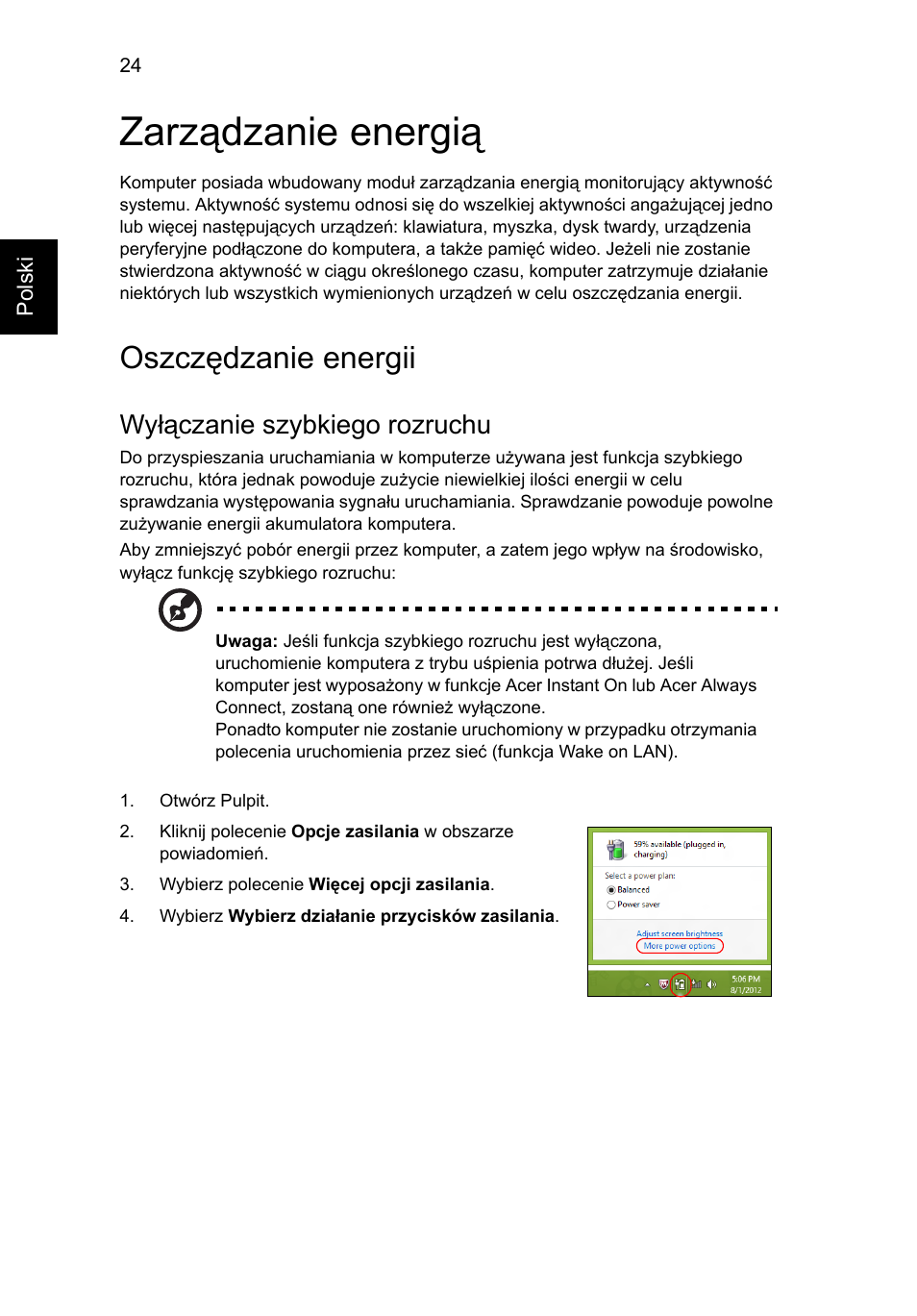 Zarządzanie energią, Oszczędzanie energii, Wyłączanie szybkiego rozruchu | Acer Aspire V5-131 User Manual | Page 948 / 2228