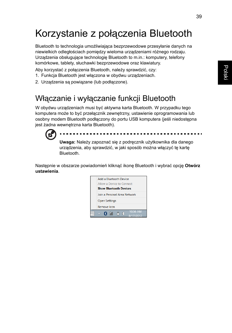 Korzystanie z połączenia bluetooth, Włączanie i wyłączanie funkcji bluetooth | Acer Aspire V5-131 User Manual | Page 963 / 2228