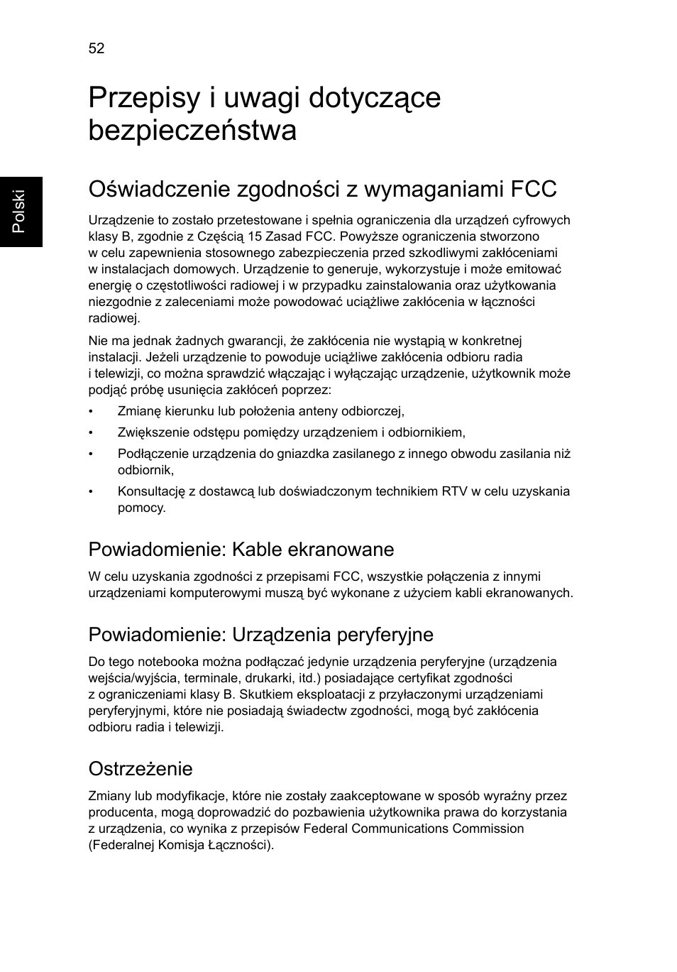 Przepisy i uwagi dotyczące bezpieczeństwa, Oświadczenie zgodności z wymaganiami fcc, Powiadomienie: kable ekranowane | Powiadomienie: urządzenia peryferyjne, Ostrzeżenie | Acer Aspire V5-131 User Manual | Page 976 / 2228