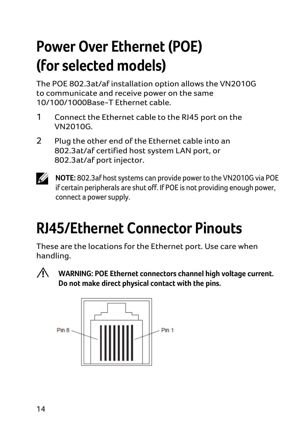 Power over ethernet (poe) (for selected models), Rj45/ethernet connector pinouts | Acer Veriton N2010G User Manual | Page 16 / 156