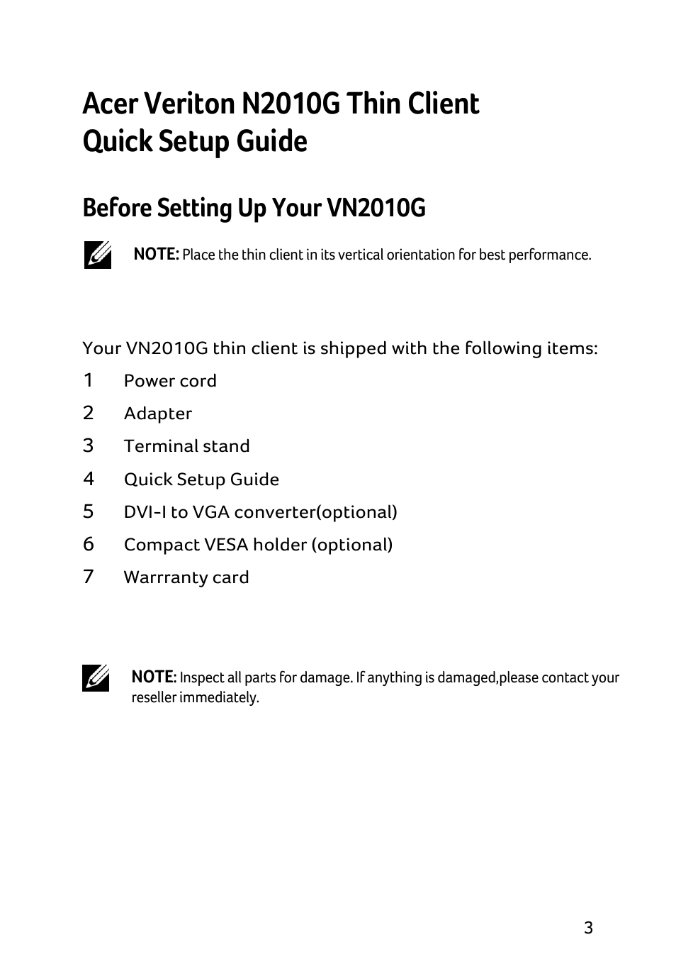 Acer veriton n2010g thin client quick setup guide, Before setting up your vn2010g | Acer Veriton N2010G User Manual | Page 5 / 156