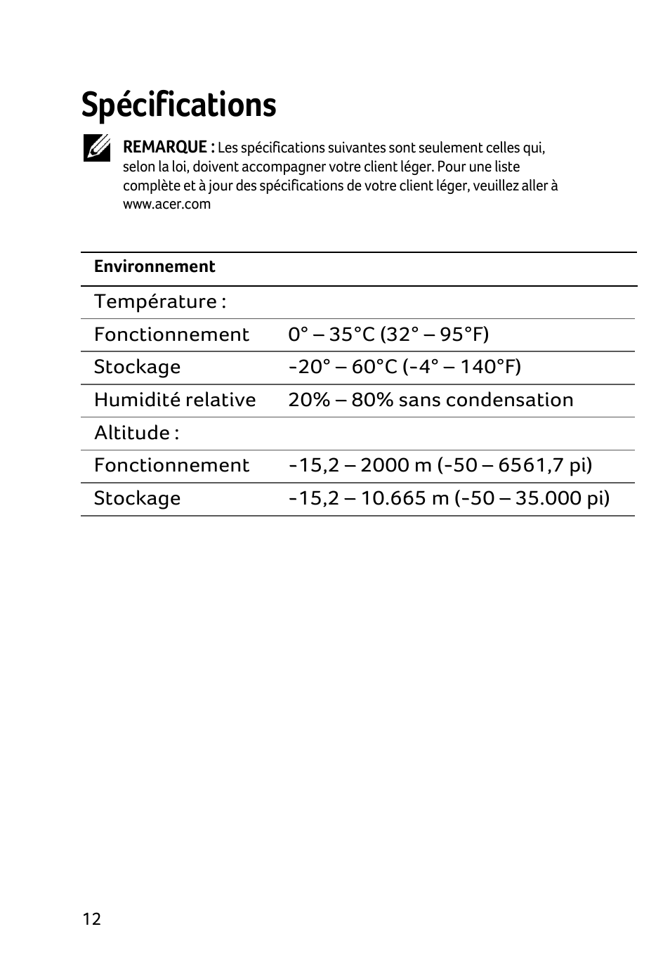 Spécifications | Acer Veriton N2010G User Manual | Page 62 / 156