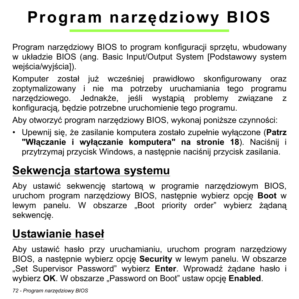 Program narzędziowy bios, Sekwencja startowa systemu, Ustawianie haseł | Sekwencja startowa systemu ustawianie haseł | Acer W700 User Manual | Page 1000 / 2286