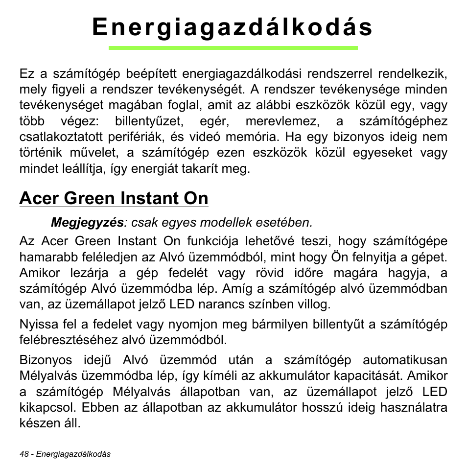 Energiagazdálkodás, Acer green instant on | Acer W700 User Manual | Page 1054 / 2286