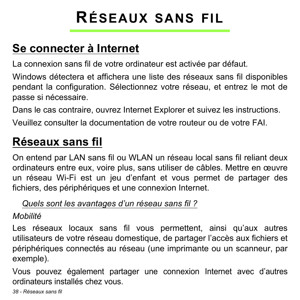 Réseaux sans fil, Se connecter à internet, Se connecter à internet réseaux sans fil | Éseaux, Sans | Acer W700 User Manual | Page 114 / 2286