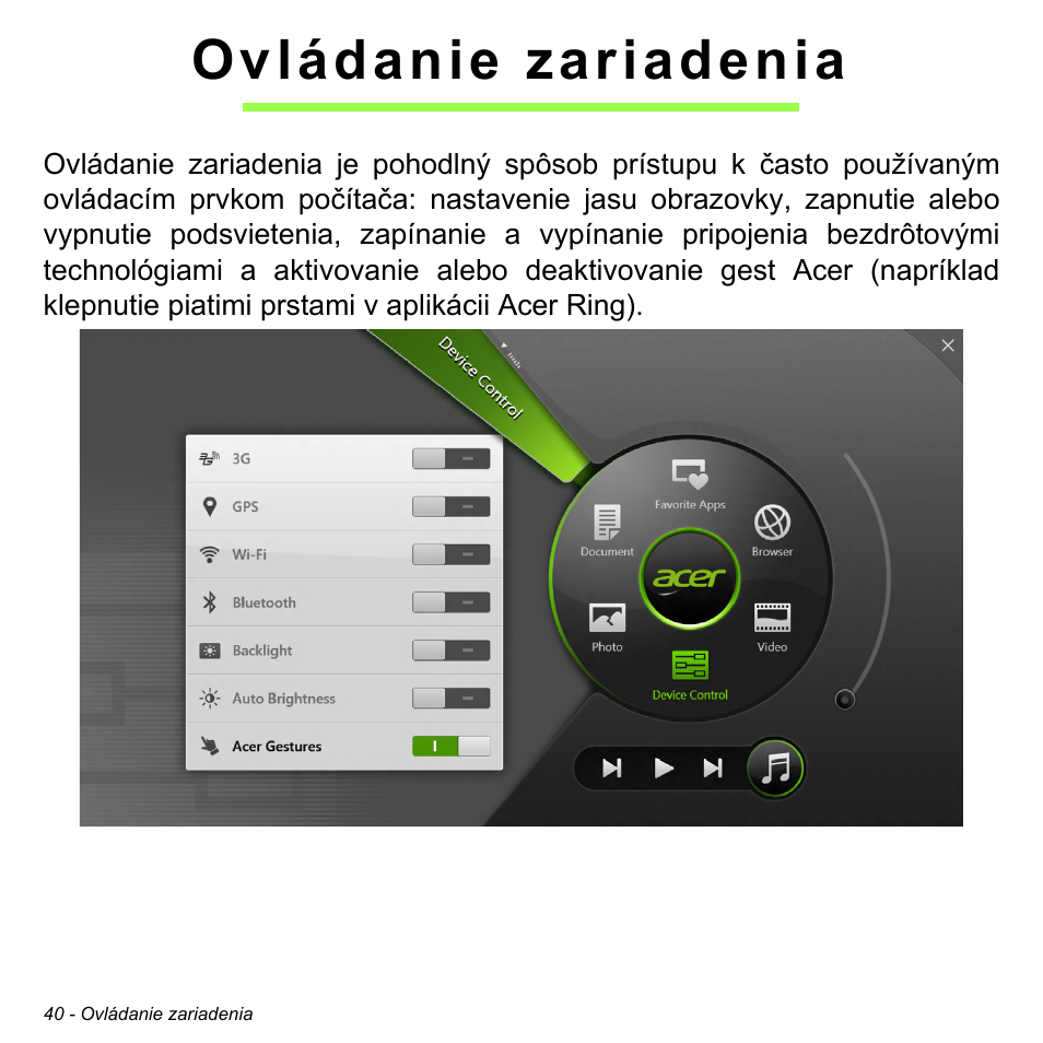 Ovládanie zariadenia | Acer W700 User Manual | Page 1198 / 2286