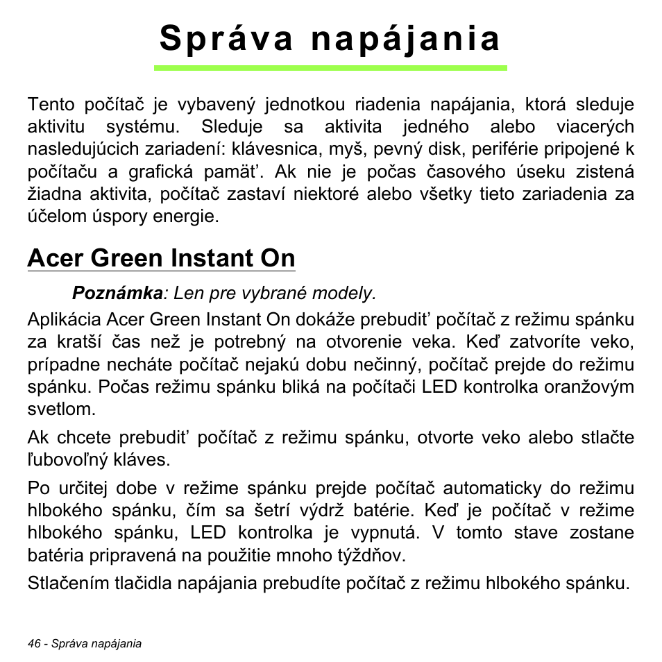 Správa napájania, Acer green instant on | Acer W700 User Manual | Page 1204 / 2286