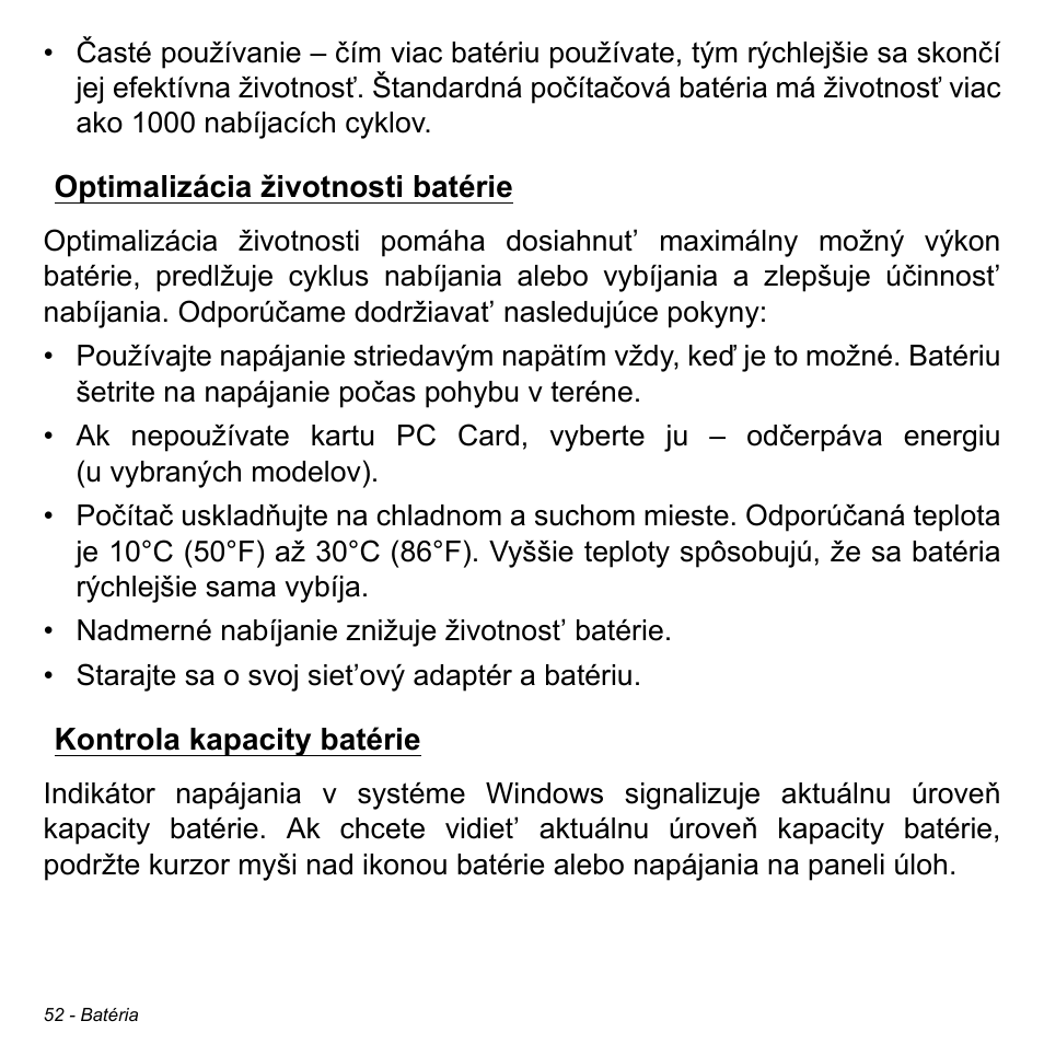 Optimalizácia životnosti batérie, Kontrola kapacity batérie | Acer W700 User Manual | Page 1210 / 2286