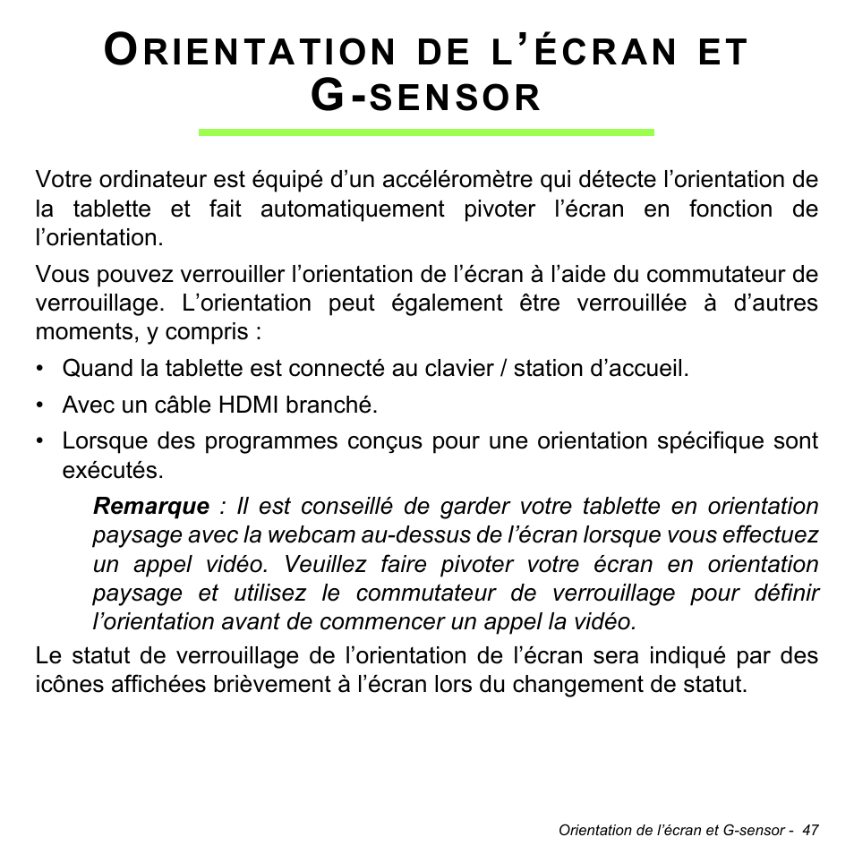 Orientation de l’écran et g-sensor | Acer W700 User Manual | Page 123 / 2286