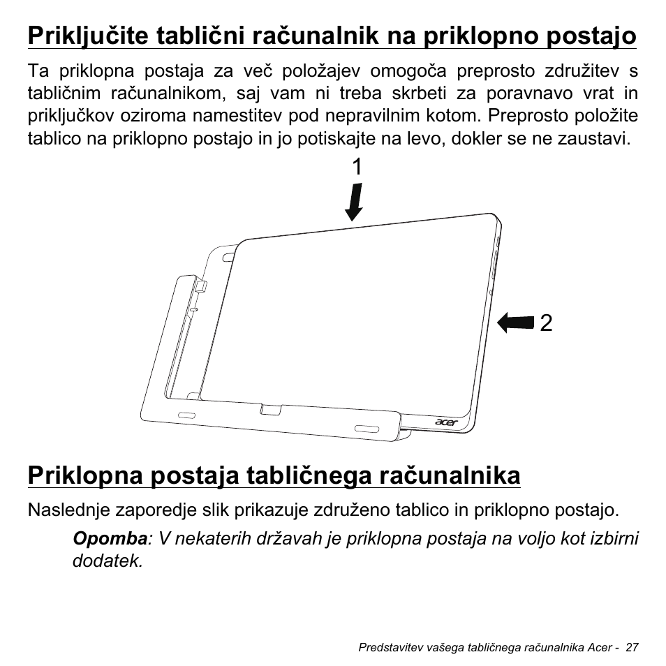 Priklopna postaja tabličnega računalnika | Acer W700 User Manual | Page 1261 / 2286