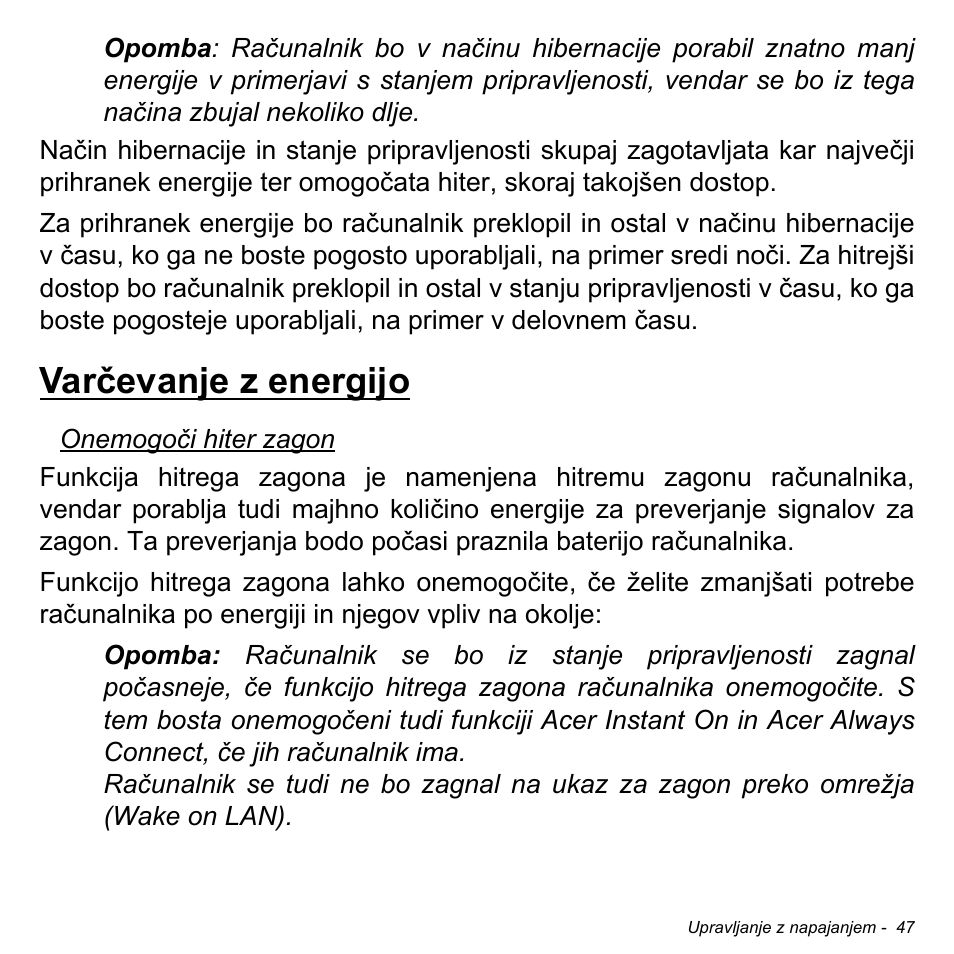 Varčevanje z energijo | Acer W700 User Manual | Page 1281 / 2286