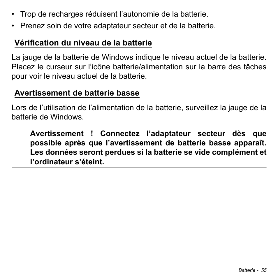 Vérification du niveau de la batterie, Avertissement de batterie basse | Acer W700 User Manual | Page 131 / 2286