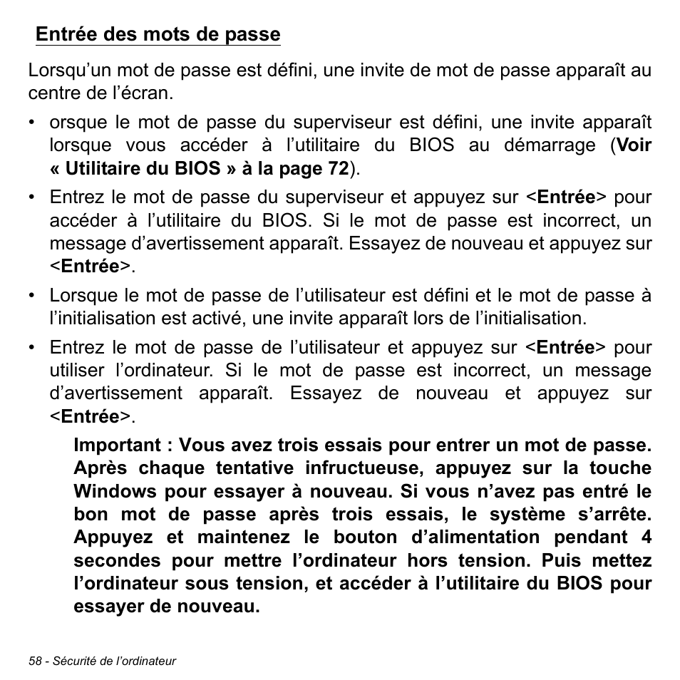 Entrée des mots de passe | Acer W700 User Manual | Page 134 / 2286