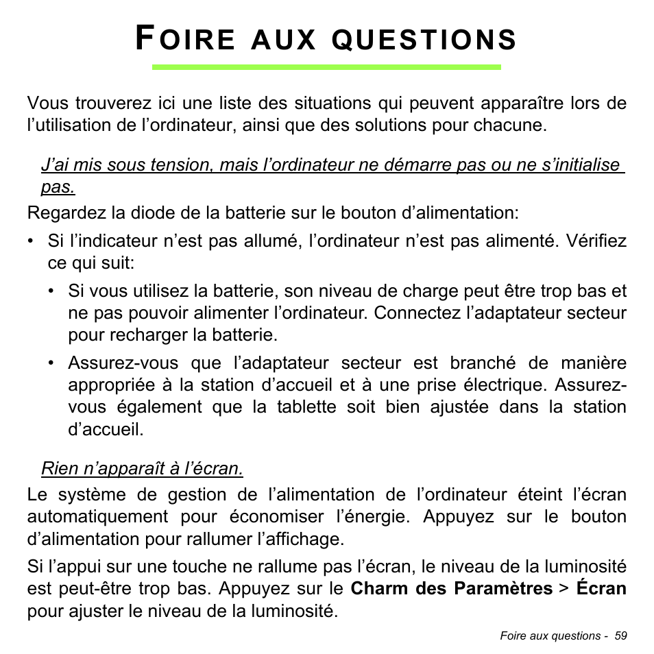 Foire aux questions, Oire, Questions | Acer W700 User Manual | Page 135 / 2286