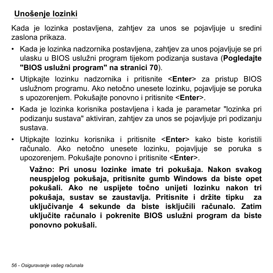 Unošenje lozinki | Acer W700 User Manual | Page 1366 / 2286