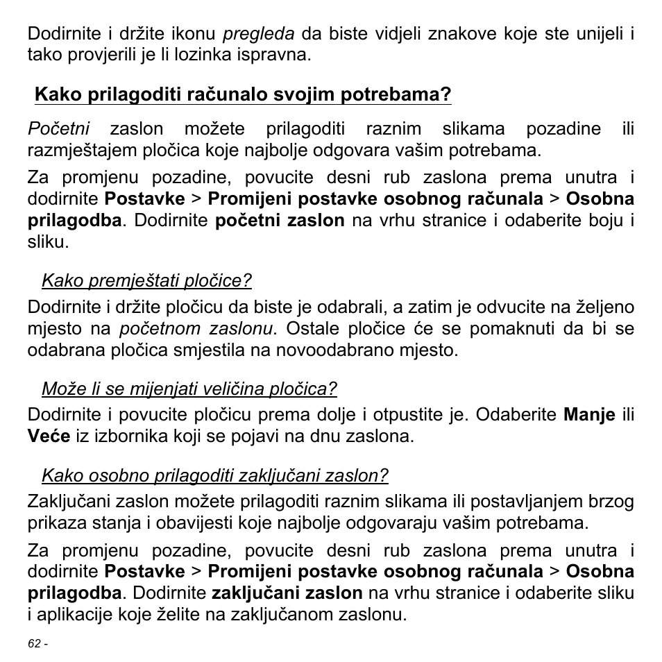 Kako prilagoditi računalo svojim potrebama | Acer W700 User Manual | Page 1372 / 2286