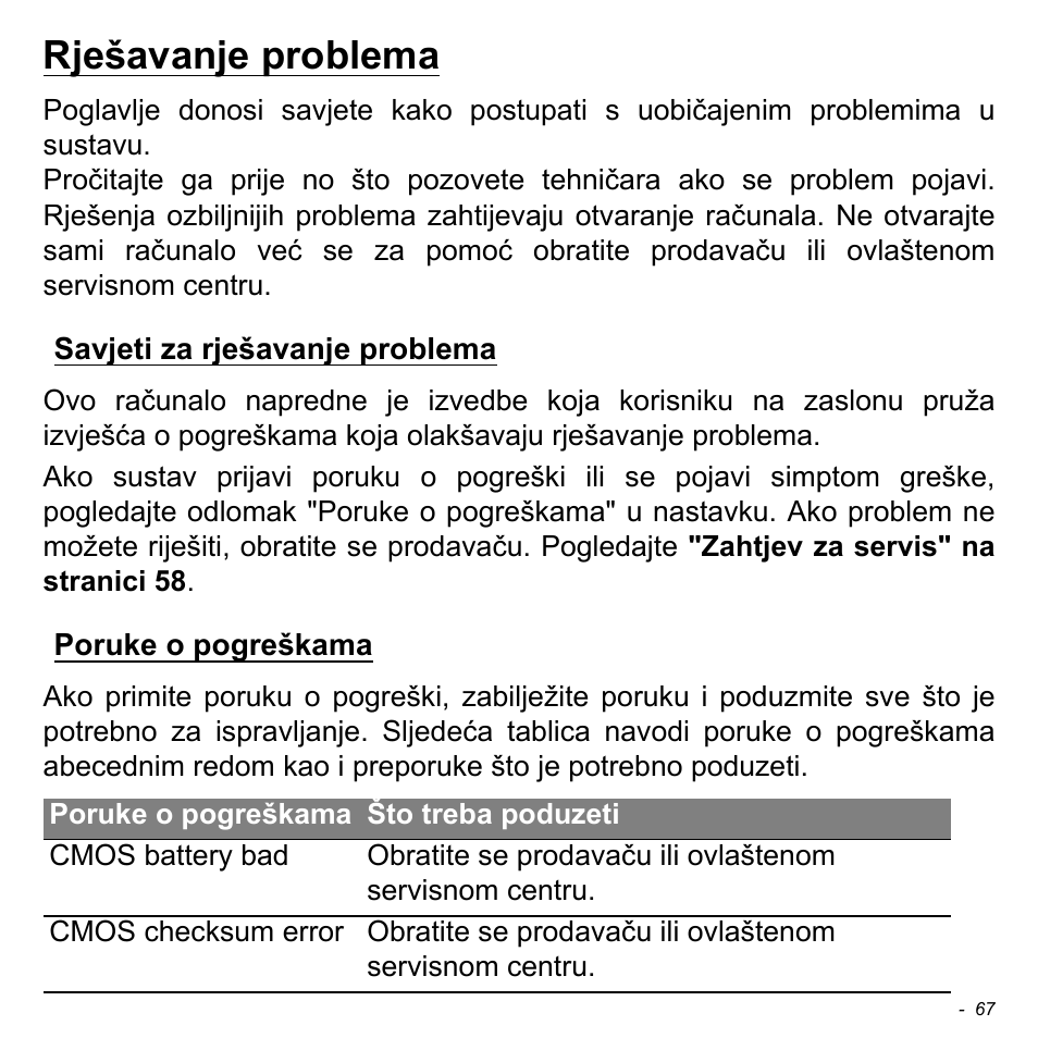 Rješavanje problema, Savjeti za rješavanje problema, Poruke o pogreškama | Savjeti za rješavanje problema poruke o pogreškama | Acer W700 User Manual | Page 1377 / 2286