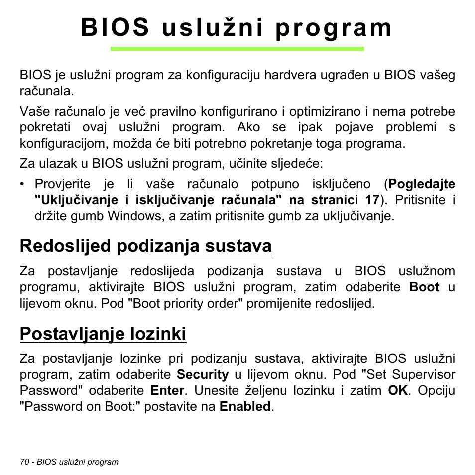 Bios uslužni program, Redoslijed podizanja sustava, Postavljanje lozinki | Redoslijed podizanja sustava postavljanje lozinki | Acer W700 User Manual | Page 1380 / 2286