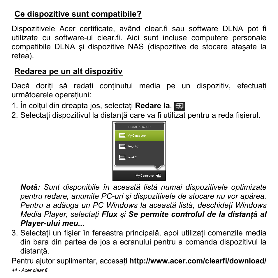 Ce dispozitive sunt compatibile, Redarea pe un alt dispozitiv | Acer W700 User Manual | Page 1430 / 2286