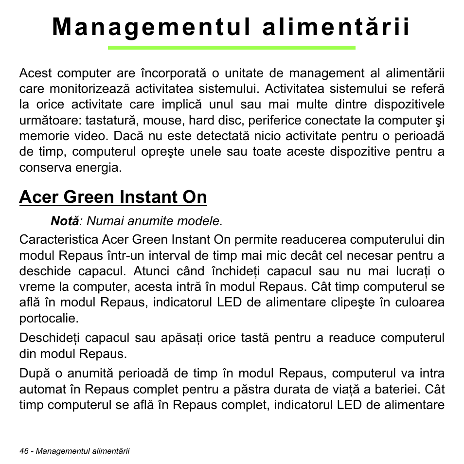 Managementul alimentării, Acer green instant on | Acer W700 User Manual | Page 1432 / 2286