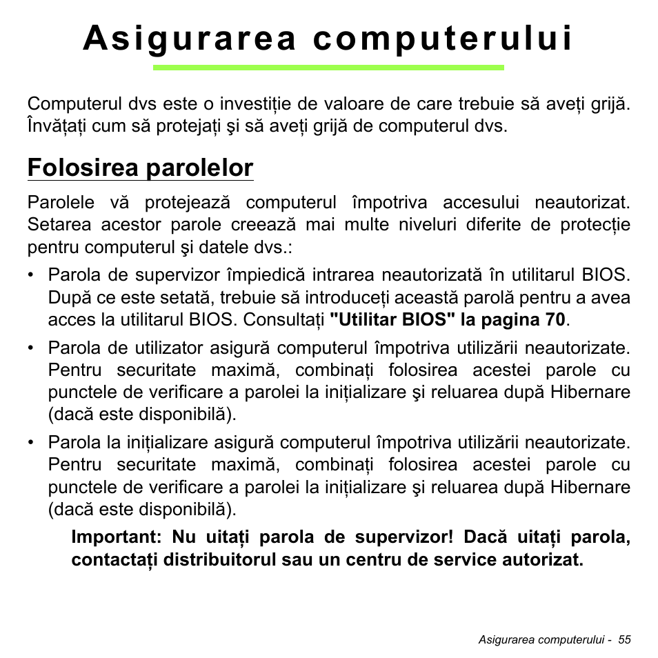 Asigurarea computerului, Folosirea parolelor | Acer W700 User Manual | Page 1441 / 2286