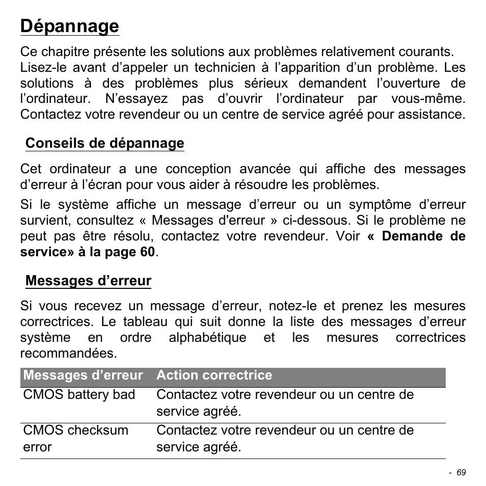 Dépannage, Conseils de dépannage, Messages d’erreur | Conseils de dépannage messages d’erreur | Acer W700 User Manual | Page 145 / 2286