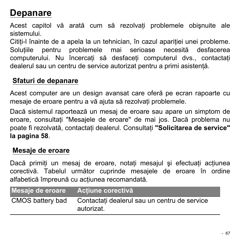 Depanare, Sfaturi de depanare, Mesaje de eroare | Sfaturi de depanare mesaje de eroare | Acer W700 User Manual | Page 1453 / 2286