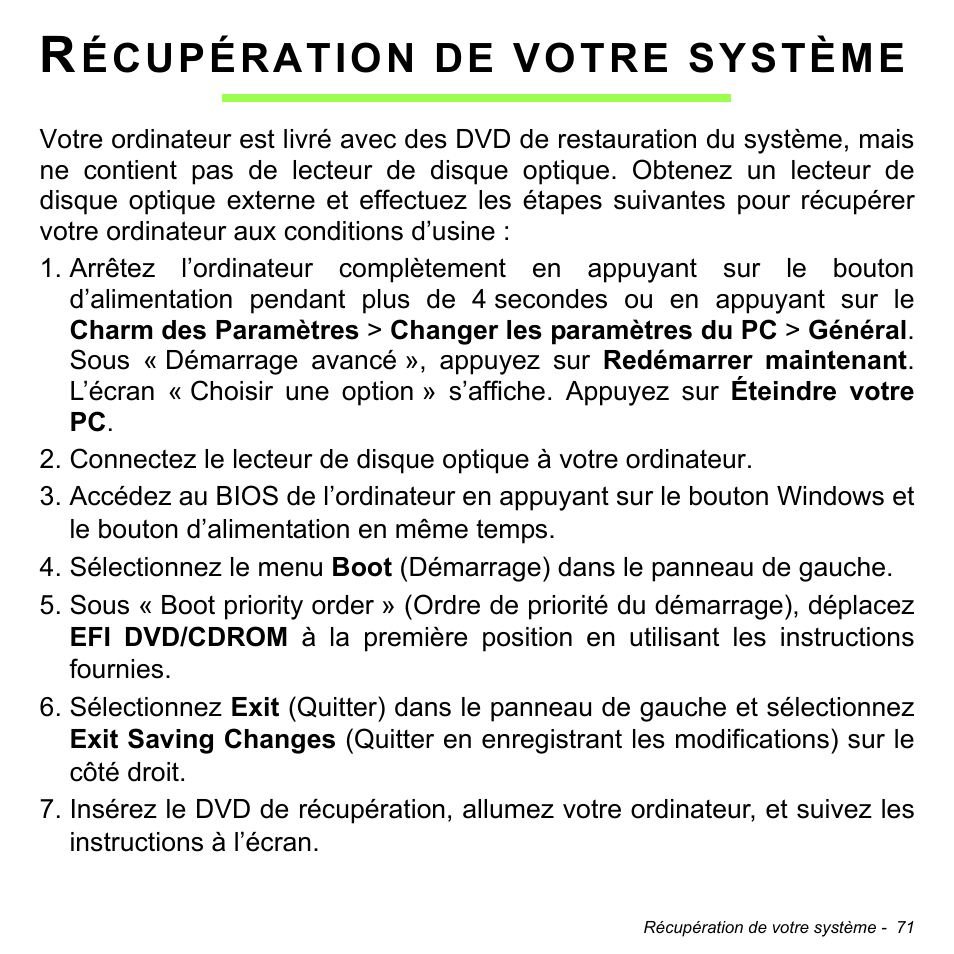 Récupération de votre système, Écupération, Votre | Système | Acer W700 User Manual | Page 147 / 2286