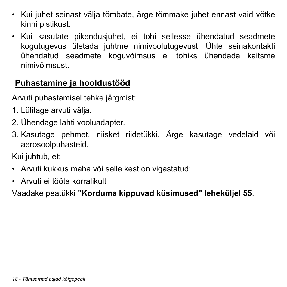 Puhastamine ja hooldustööd | Acer W700 User Manual | Page 1558 / 2286