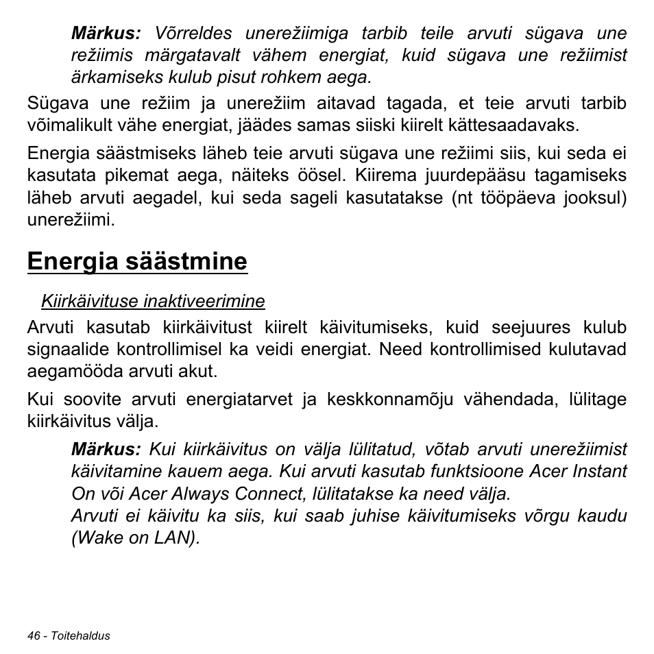 Energia säästmine | Acer W700 User Manual | Page 1586 / 2286