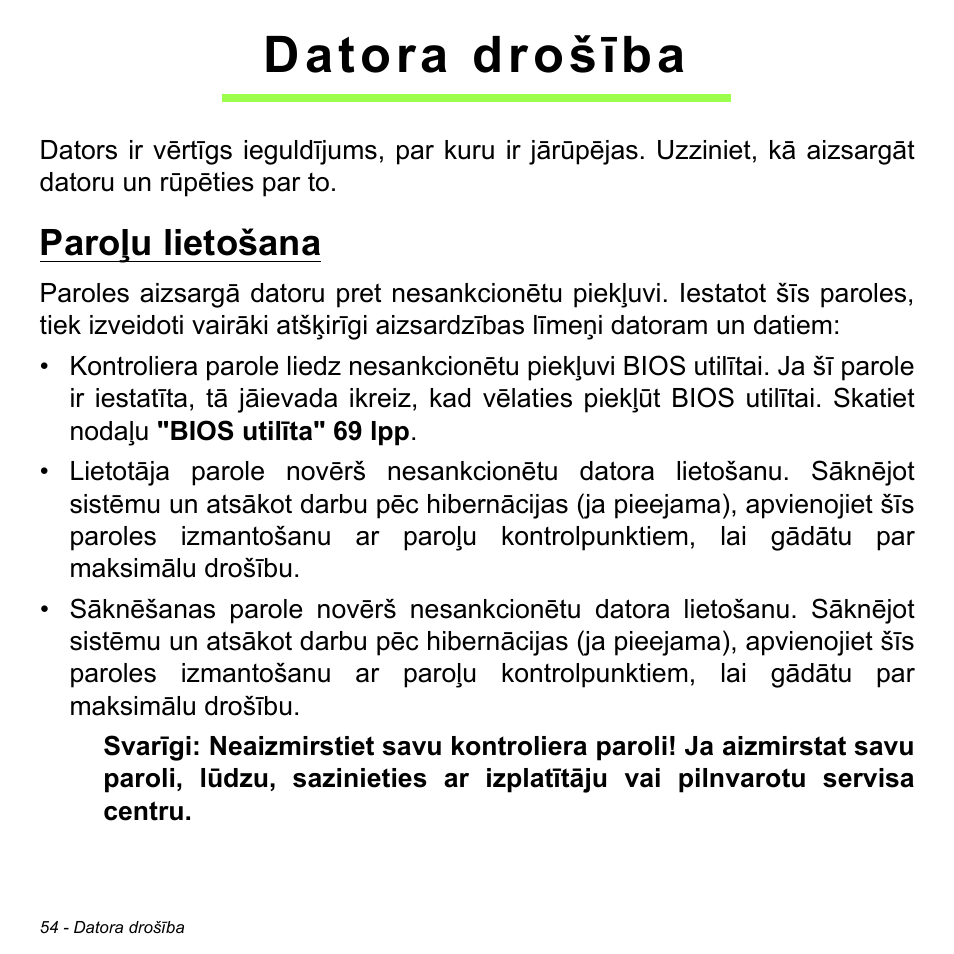 Datora drošība, Paroļu lietošana | Acer W700 User Manual | Page 1668 / 2286