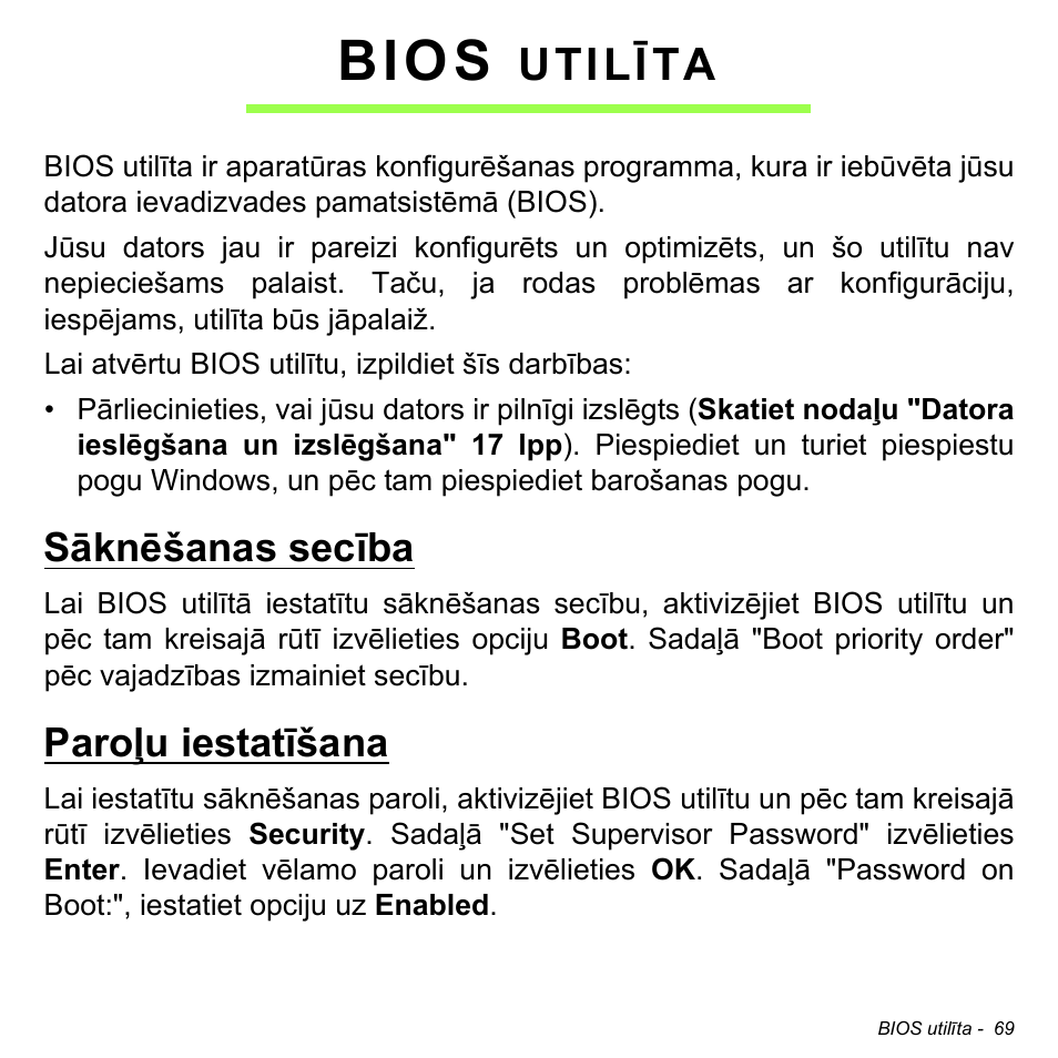 Bios utilīta, Sāknēšanas secība, Paroļu iestatīšana | Sāknēšanas secība paroļu iestatīšana, Bios, Utilīta | Acer W700 User Manual | Page 1683 / 2286