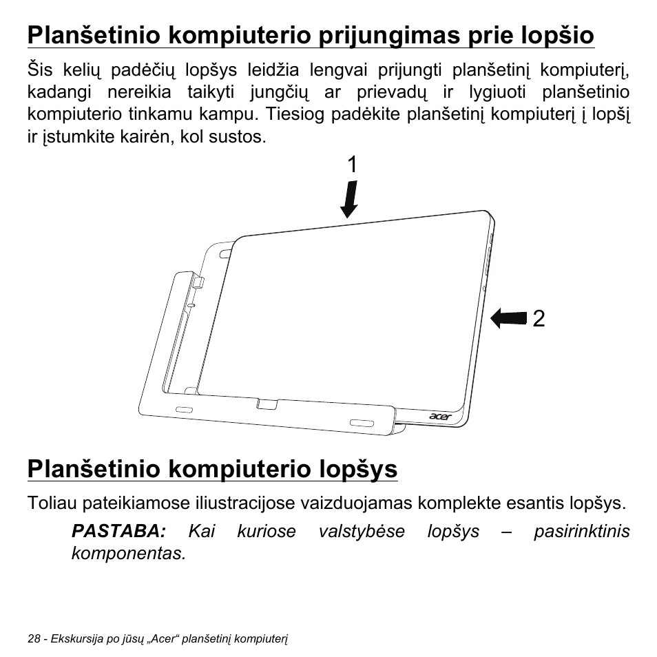 Planšetinio kompiuterio prijungimas prie lopšio, Planšetinio kompiuterio lopšys | Acer W700 User Manual | Page 1718 / 2286