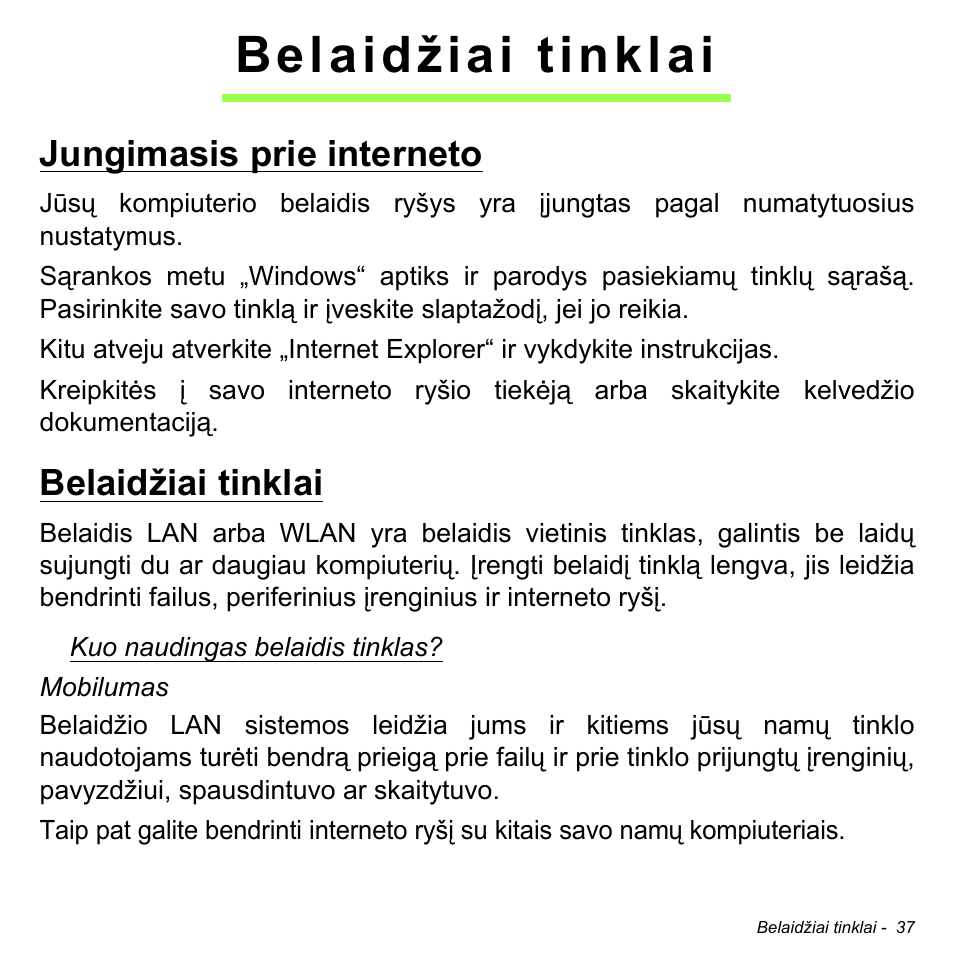 Belaidžiai tinklai, Jungimasis prie interneto, Jungimasis prie interneto belaidžiai tinklai | Acer W700 User Manual | Page 1727 / 2286