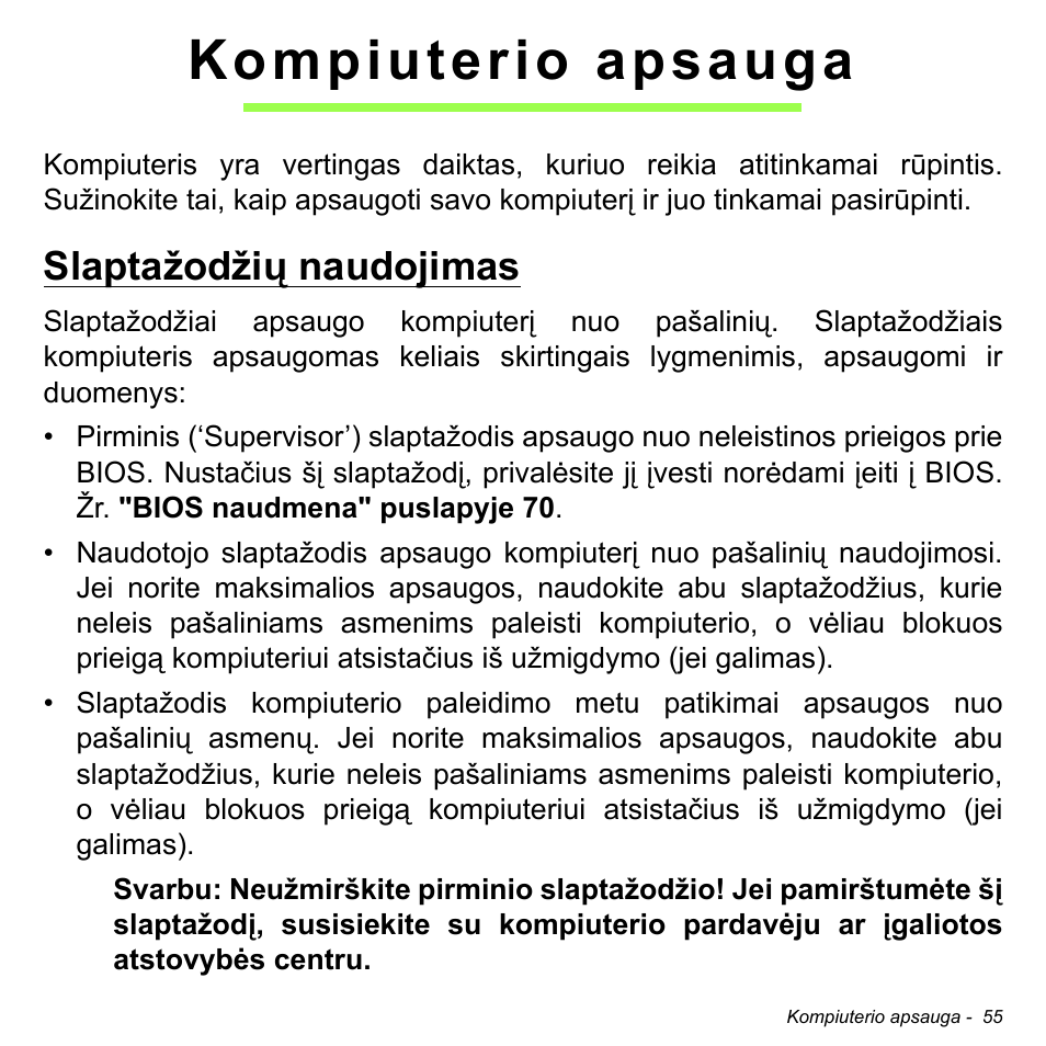 Kompiuterio apsauga, Slaptažodžių naudojimas | Acer W700 User Manual | Page 1745 / 2286