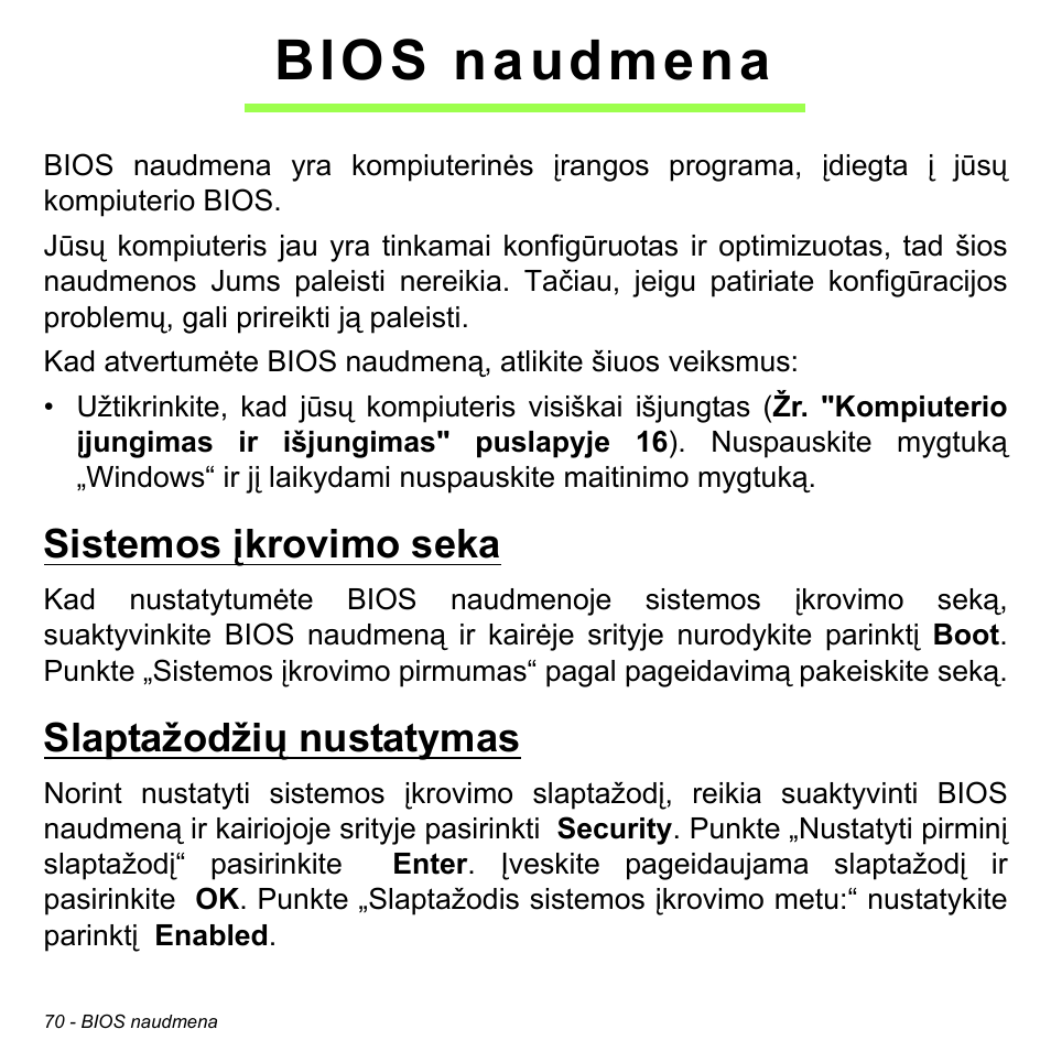 Bios naudmena, Sistemos įkrovimo seka, Slaptažodžių nustatymas | Sistemos įkrovimo seka slaptažodžių nustatymas | Acer W700 User Manual | Page 1760 / 2286