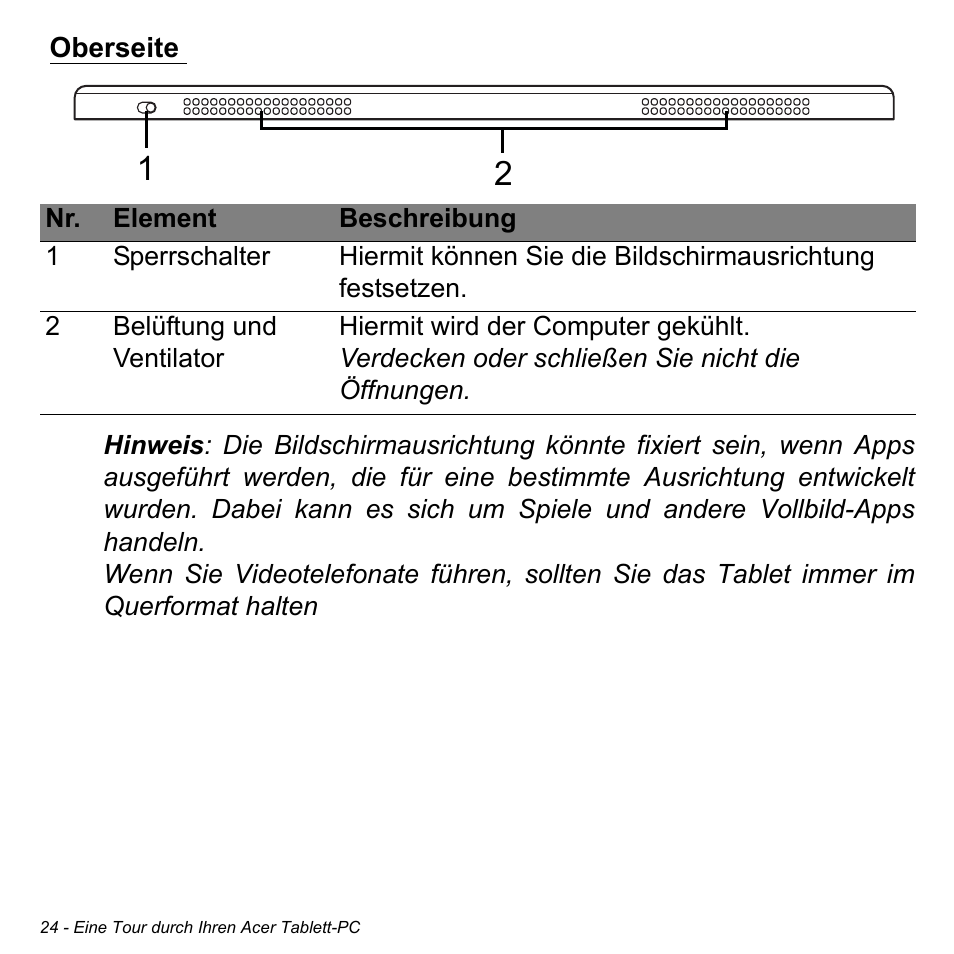 Oberseite | Acer W700 User Manual | Page 178 / 2286