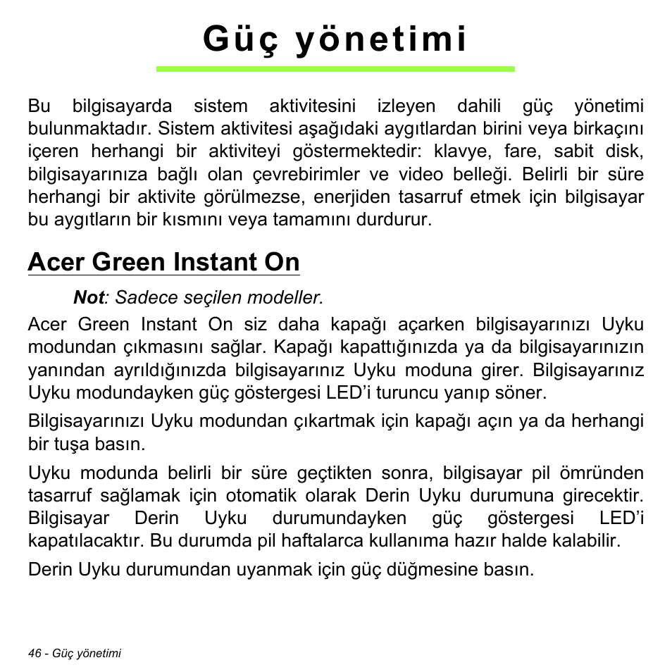 Güç yönetimi, Acer green instant on | Acer W700 User Manual | Page 1898 / 2286