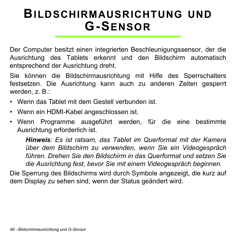 Bildschirmausrichtung und g-sensor, Bildschirmausrichtung und, G-sensor | Acer W700 User Manual | Page 202 / 2286