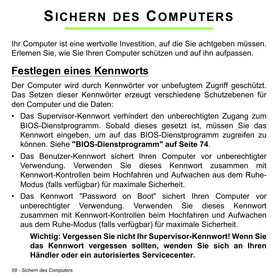 Sichern des computers, Festlegen eines kennworts, Ichern | Omputers | Acer W700 User Manual | Page 212 / 2286